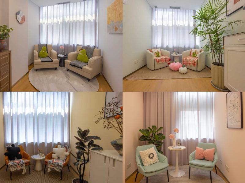 A collage of a room with chairs and a plant

Description automatically generated