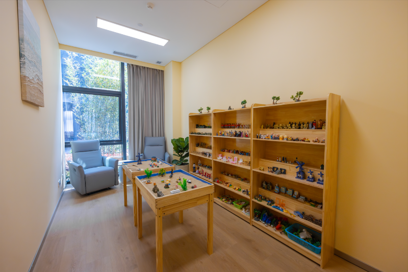 A room with a table and shelves with toys

Description automatically generated